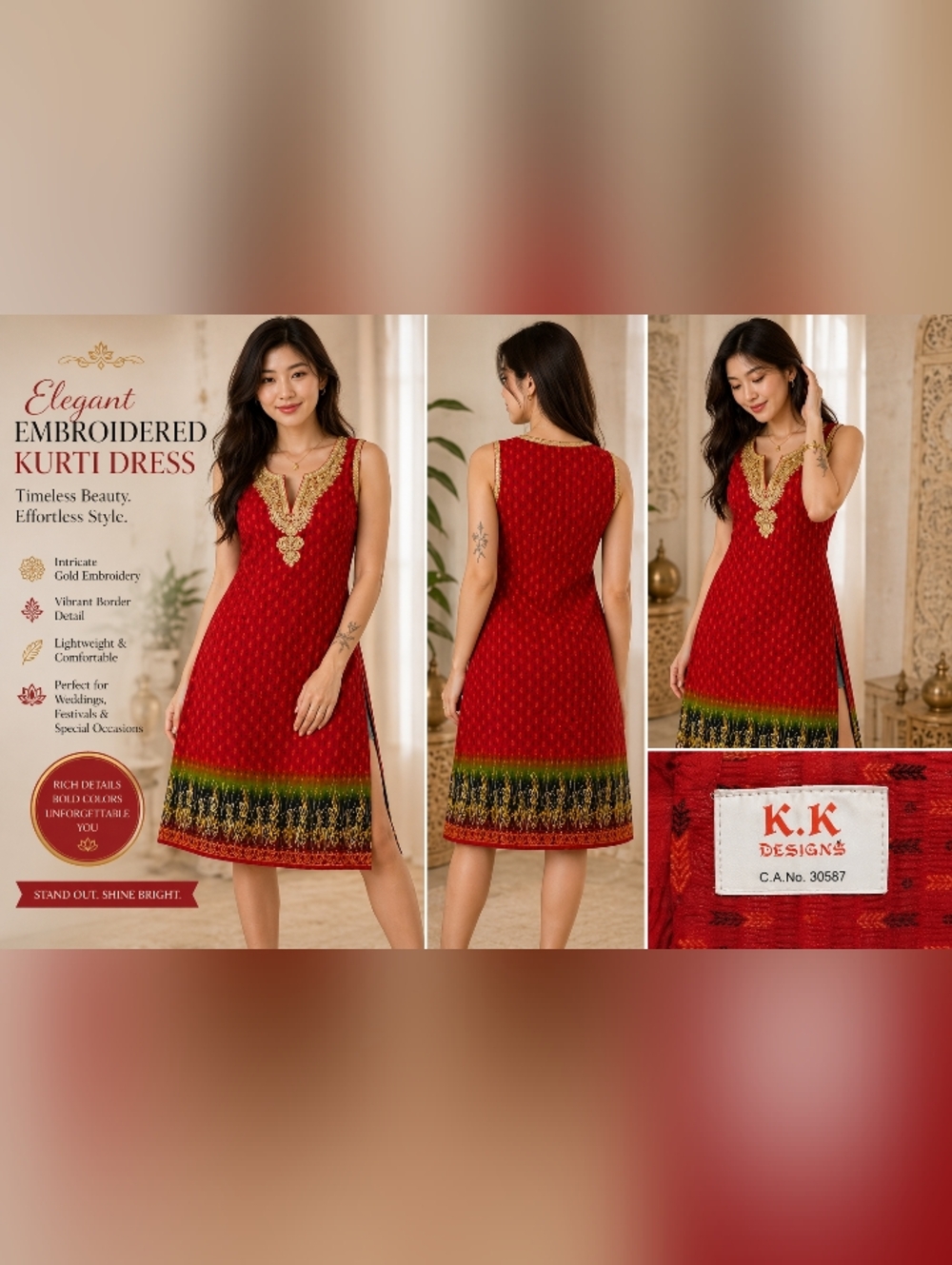Red Embroidered Kurti Dress